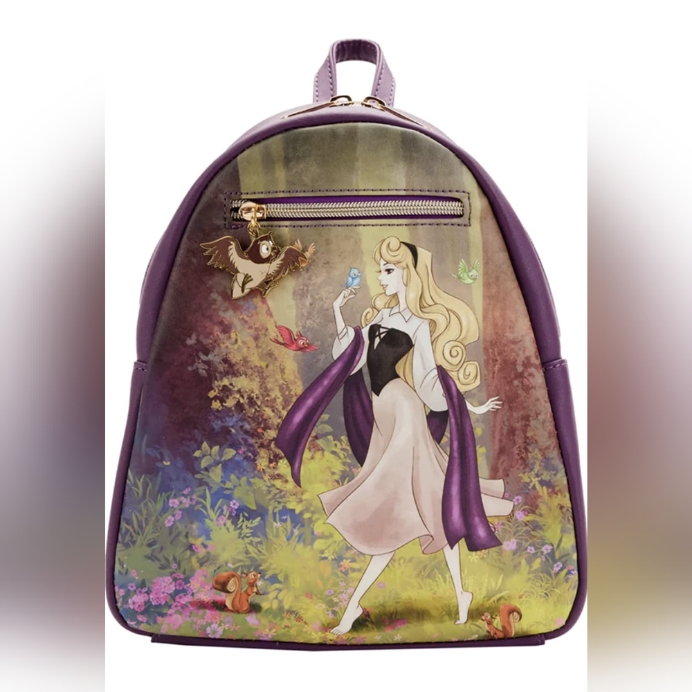 Loungefly Disney Sleeping Beauty Aurora Illustration Mini Backpack + Owl Charm.